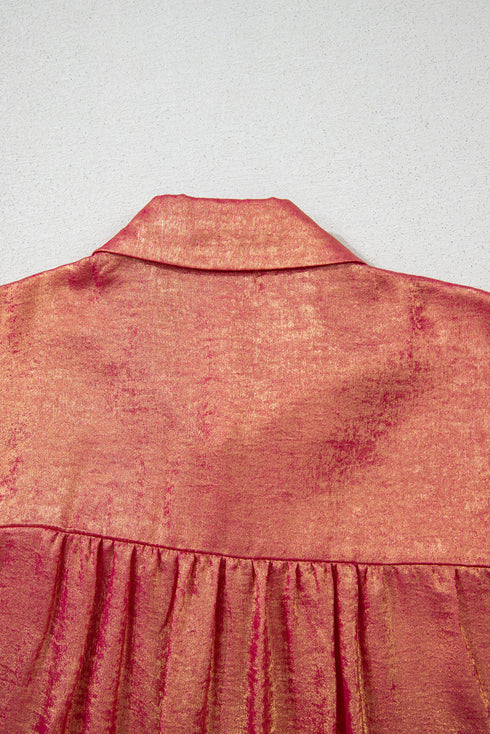 Metallic Satin Sheen Short Sleeve Button Up Blouse