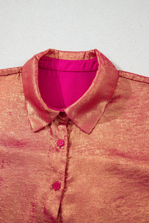 Metallic Satin Sheen Short Sleeve Button Up Blouse