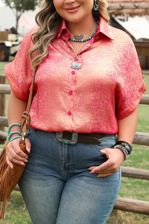 Metallic Satin Sheen Short Sleeve Button Up Blouse