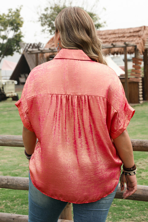 Metallic Satin Sheen Short Sleeve Button Up Blouse