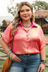 Metallic Satin Sheen Short Sleeve Button Up Blouse