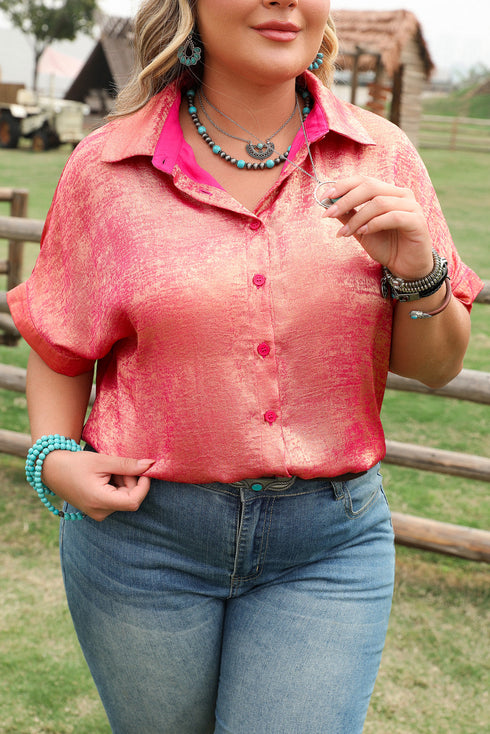 Metallic Satin Sheen Short Sleeve Button Up Blouse