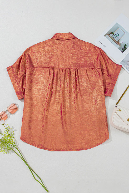 Metallic Satin Sheen Short Sleeve Button Up Blouse