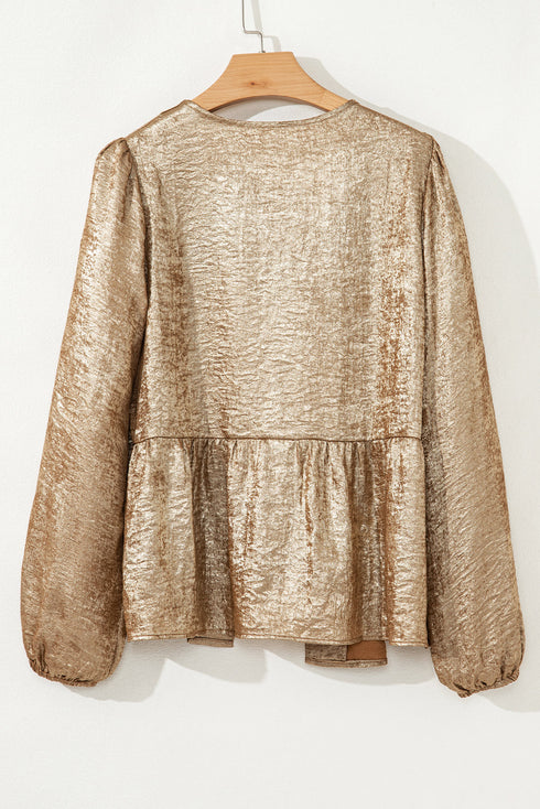 Metallic Satin Tied Front Long Sleeve Babydoll Blouse