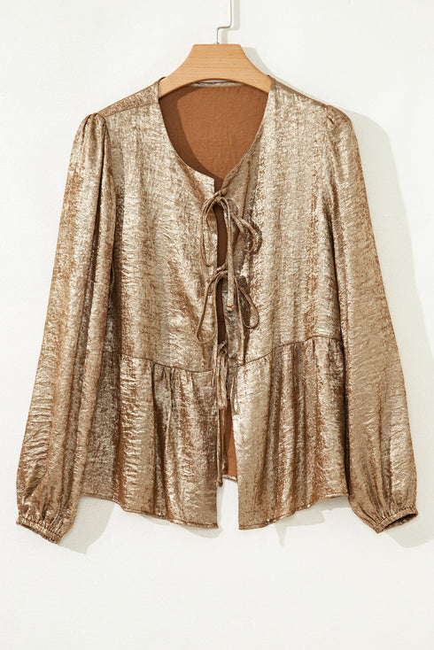 Metallic Satin Tied Front Long Sleeve Babydoll Blouse