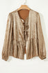 Metallic Satin Tied Front Long Sleeve Babydoll Blouse