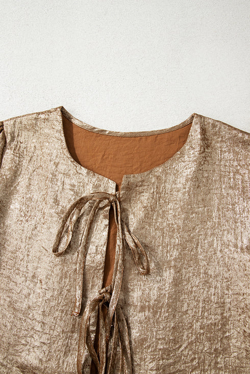 Metallic Satin Tied Front Long Sleeve Babydoll Blouse