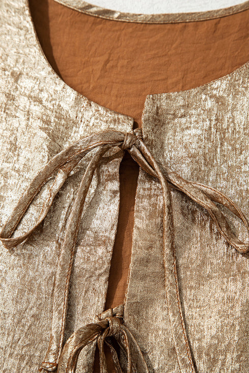 Metallic Satin Tied Front Long Sleeve Babydoll Blouse