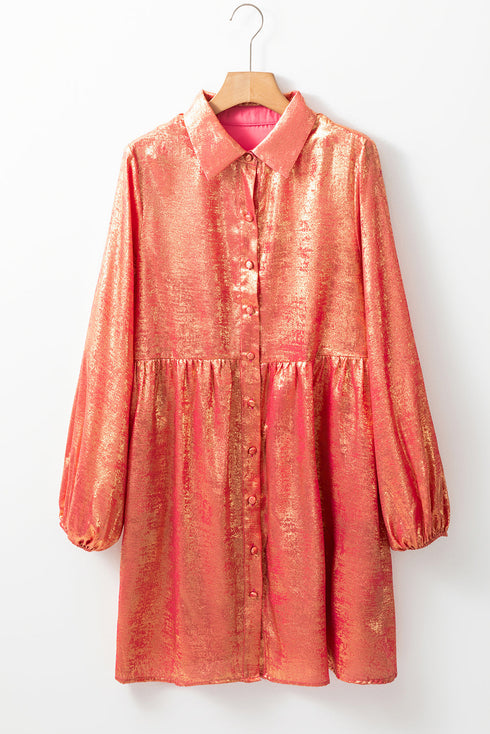 Metallic Sheen Puff Sleeve Button Up Mini Shirt Dress