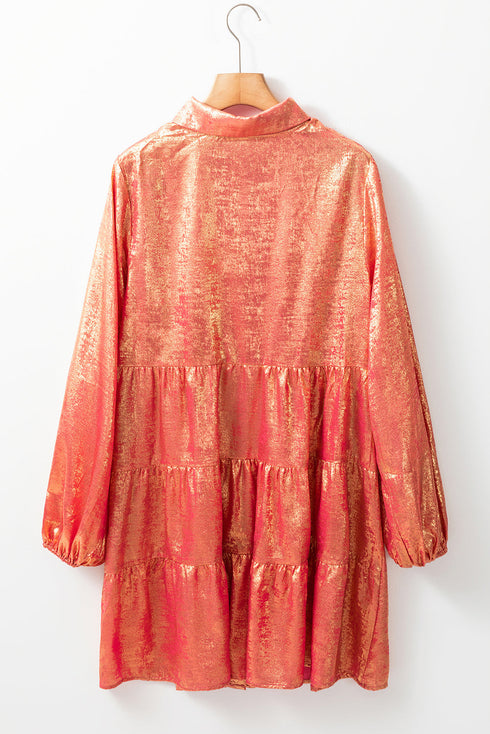 Metallic Sheen Puff Sleeve Button Up Mini Shirt Dress