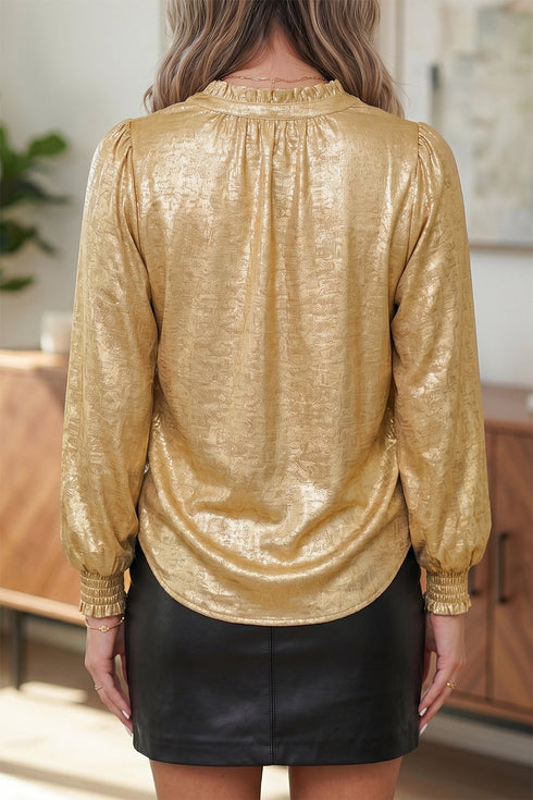 Metallic Sheen V Neck Gathered Cuff Long Sleeve Elegant Blouse