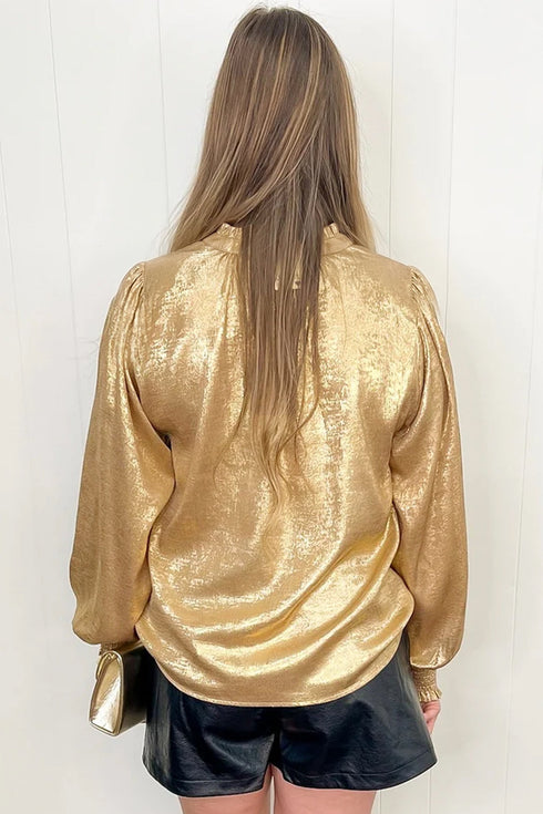Metallic Sheen V Neck Gathered Cuff Long Sleeve Elegant Blouse