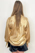 Metallic Sheen V Neck Gathered Cuff Long Sleeve Elegant Blouse