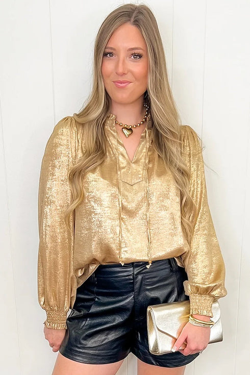 Metallic Sheen V Neck Gathered Cuff Long Sleeve Elegant Blouse