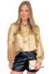 Metallic Sheen V Neck Gathered Cuff Long Sleeve Elegant Blouse