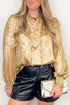 Metallic Sheen V Neck Gathered Cuff Long Sleeve Elegant Blouse