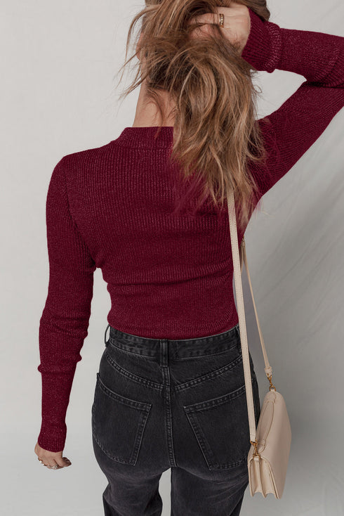 Metallic Thread Ribbed Knit Slim Fit Top