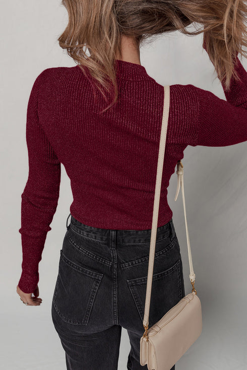 Metallic Thread Ribbed Knit Slim Fit Top