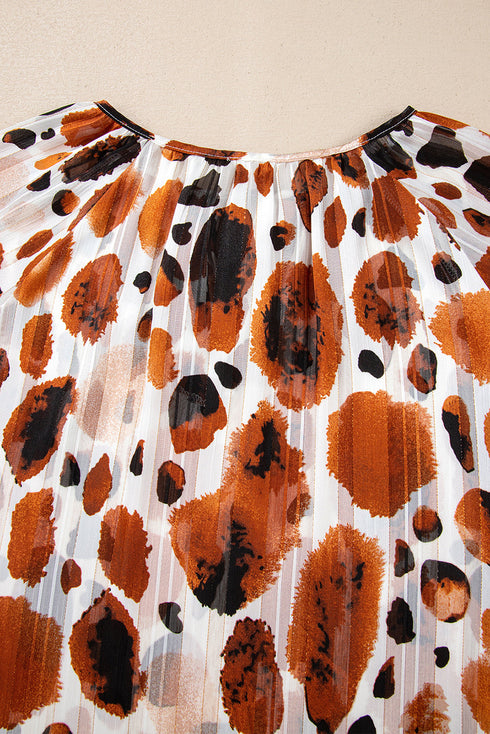 Metallic Threading Accents Pleated Abstract Printed Ruffled 3/4 Sleeve Blouse