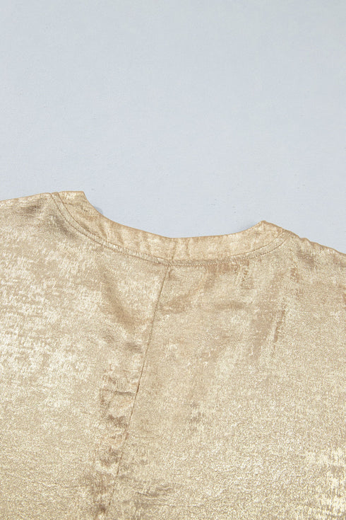 Metallic V Neck Button Cuff Long Sleeve Dolman Blouse