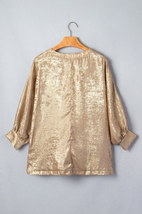 Metallic V Neck Button Cuff Long Sleeve Dolman Blouse