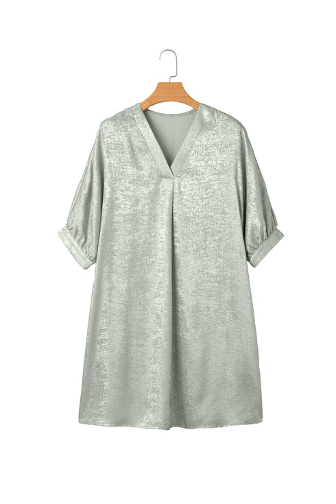 Metallic V Neck Half Sleeve Loose Fit Mini Dress