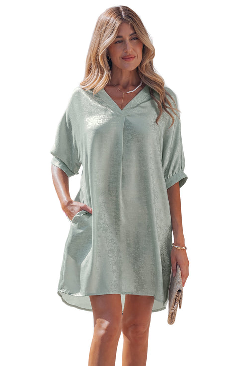 Metallic V Neck Half Sleeve Loose Fit Mini Dress