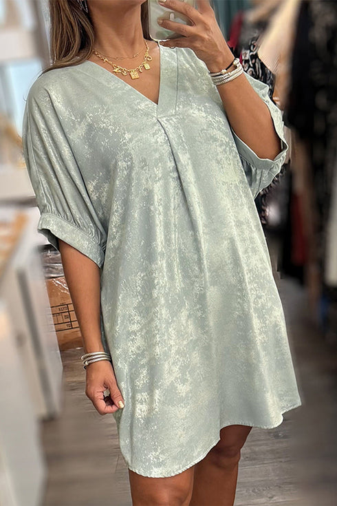 Metallic V Neck Half Sleeve Loose Fit Mini Dress