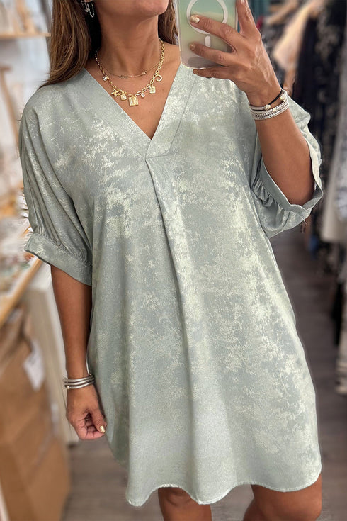 Metallic V Neck Half Sleeve Loose Fit Mini Dress