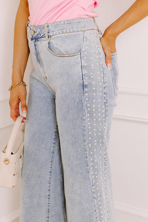 Mid Rise Beaded Split Hem Wide Leg Jeans