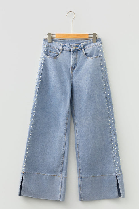 Mid Rise Beaded Split Hem Wide Leg Jeans