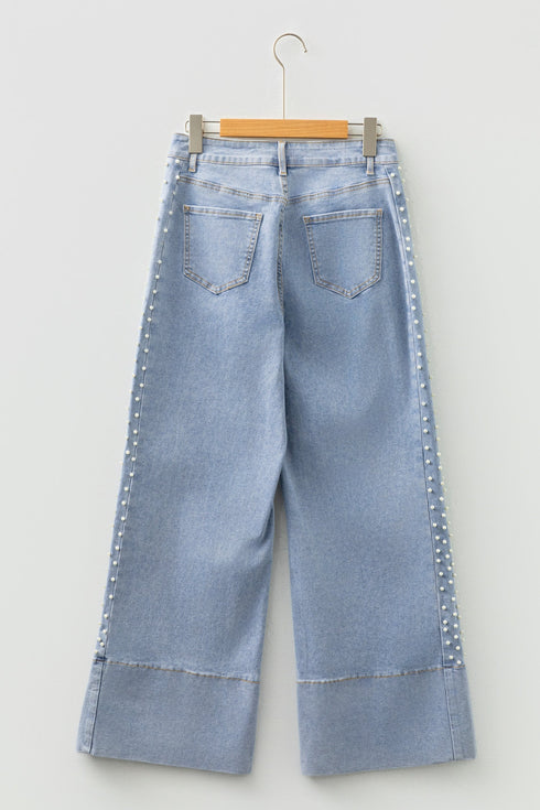Mid Rise Beaded Split Hem Wide Leg Jeans