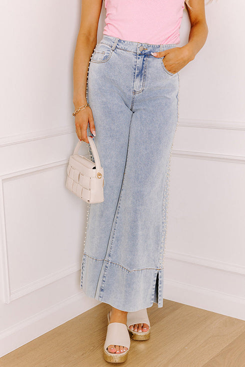 Mid Rise Beaded Split Hem Wide Leg Jeans