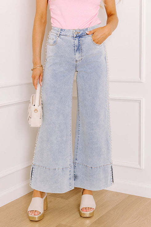 Mid Rise Beaded Split Hem Wide Leg Jeans