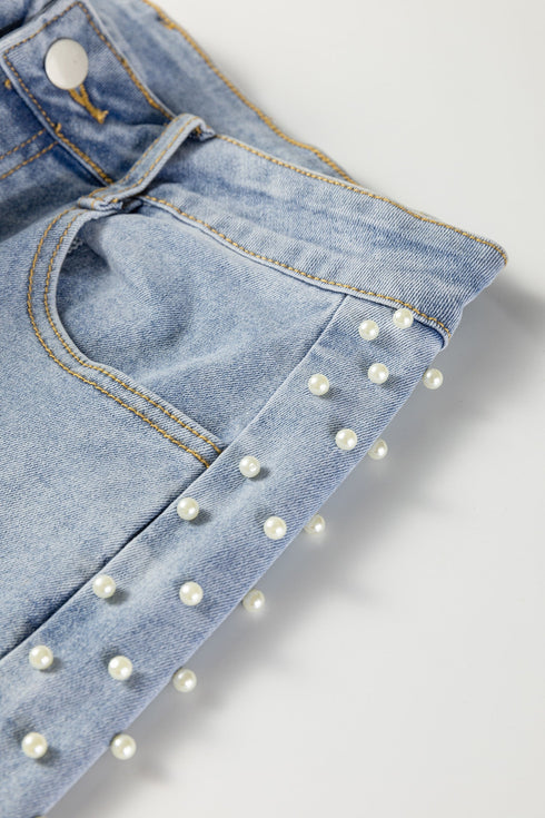 Mid Rise Beaded Split Hem Wide Leg Jeans