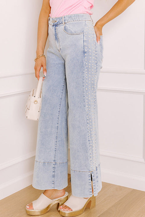 Mid Rise Beaded Split Hem Wide Leg Jeans