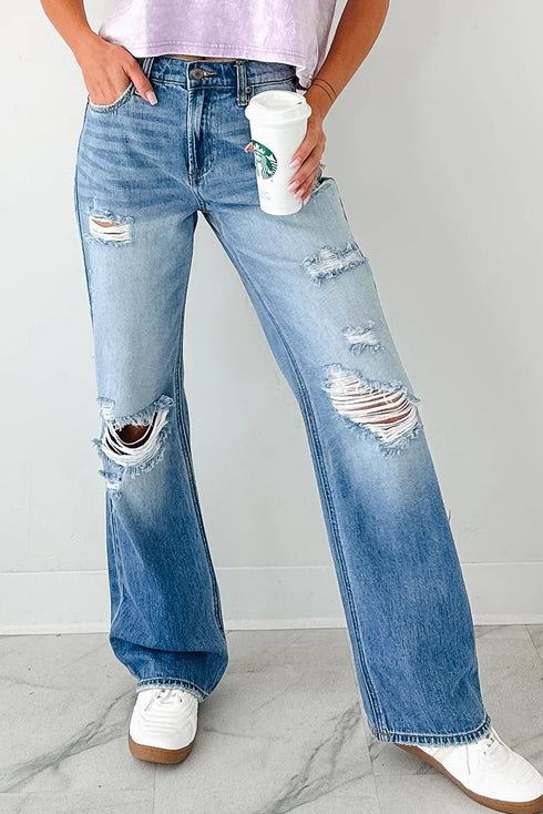 Mid Rise Distressed Wide Leg Stretch Denim Jeans