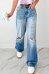 Mid Rise Distressed Wide Leg Stretch Denim Jeans