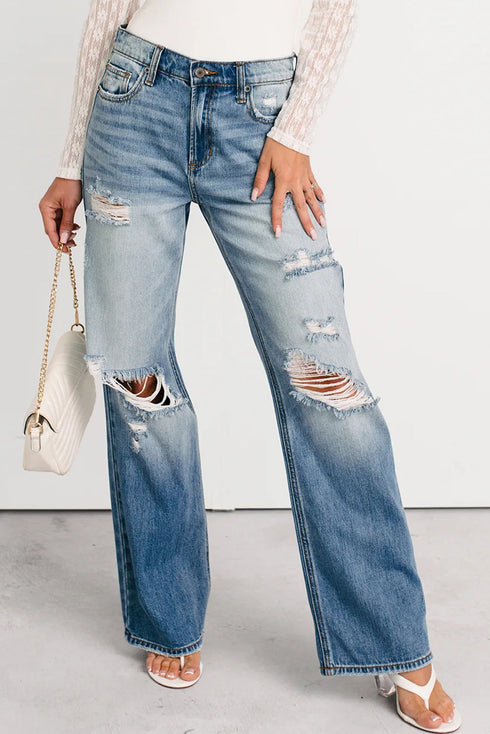 Mid Rise Distressed Wide Leg Stretch Denim Jeans
