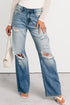Mid Rise Distressed Wide Leg Stretch Denim Jeans