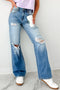 Mid Rise Distressed Wide Leg Stretch Denim Jeans