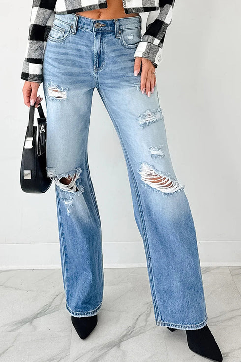 Mid Rise Distressed Wide Leg Stretch Denim Jeans