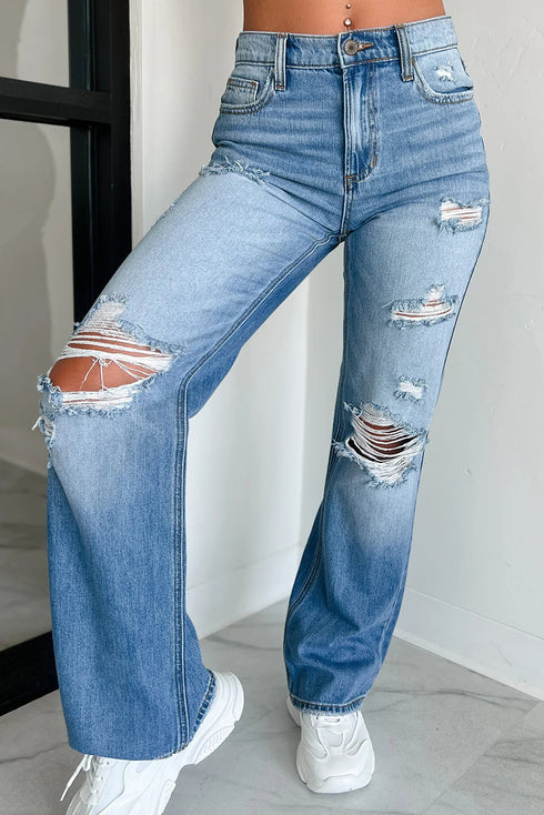 Mid Rise Distressed Wide Leg Stretch Denim Jeans