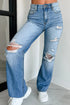 Mid Rise Distressed Wide Leg Stretch Denim Jeans
