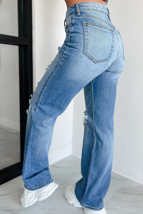 Mid Rise Distressed Wide Leg Stretch Denim Jeans