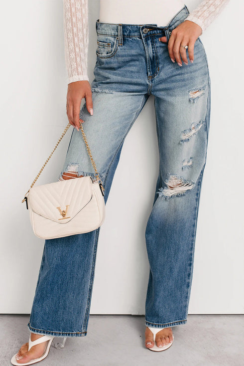 Mid Rise Distressed Wide Leg Stretch Denim Jeans