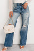 Mid Rise Distressed Wide Leg Stretch Denim Jeans