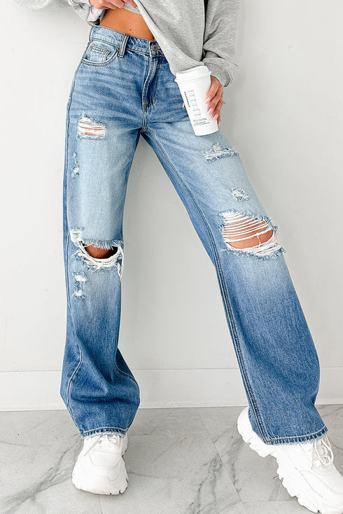 Mid Rise Distressed Wide Leg Stretch Denim Jeans