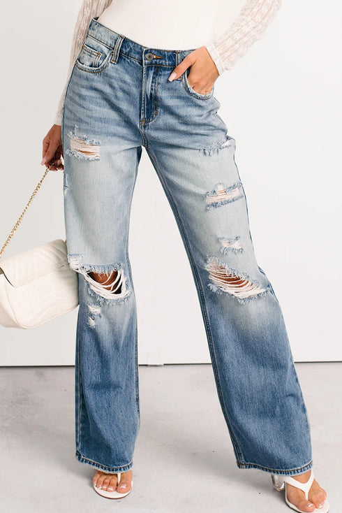 Mid Rise Distressed Wide Leg Stretch Denim Jeans