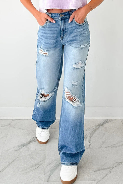 Mid Rise Distressed Wide Leg Stretch Denim Jeans